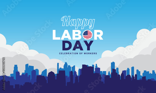 USA labor day celebration with American flag and silhouette of a city.