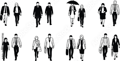 Black and white line art illustrations of business people walking in pairs women