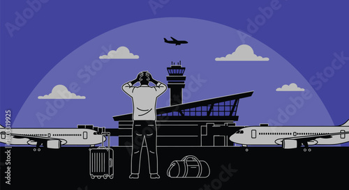 Frustrated traveler awaits flight at busy airport terminal at night