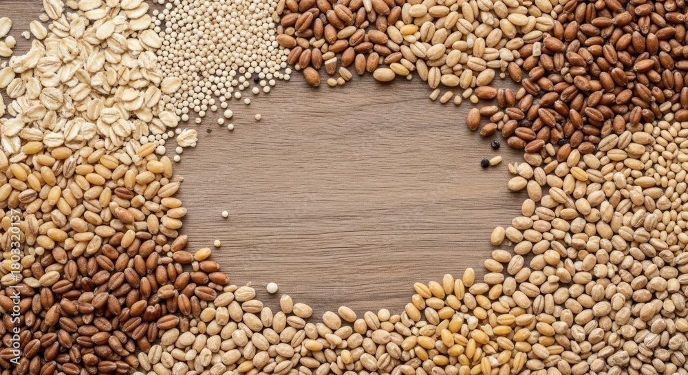 Obraz premium Various grains and seeds arranged on a wooden surface.