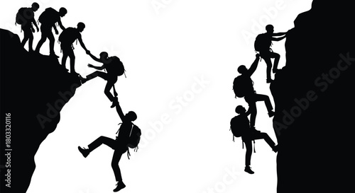 Black silhouette of hikers helping each other climb steep rocky cliffs on white and black backgrounds