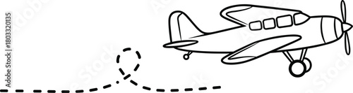 Black outline cartoon airplane flying with dashed line trail aircraft propeller