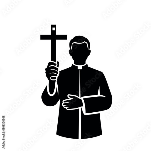 Christian priest holding a cross silhouette icon.