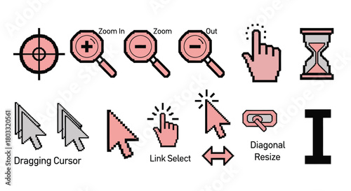 Pixel cursor icons for digital navigation, action and interface design