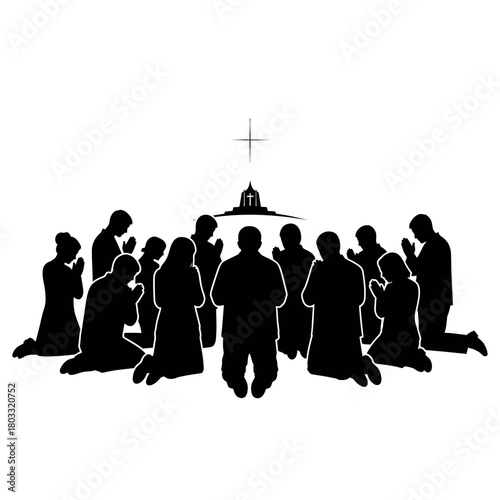 Group of people praying in front of church.