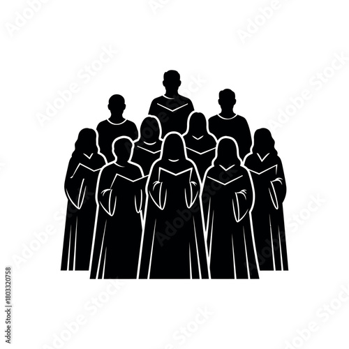 Group of singers in choir robes holding sheet music.