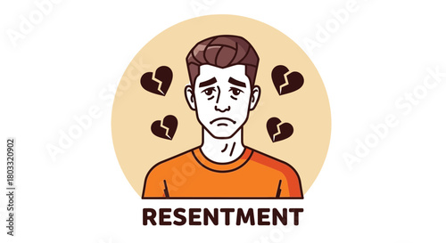 Sad man surrounded by broken hearts conveying deep resentment