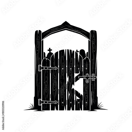 Old wooden cemetery gate silhouette illustration.