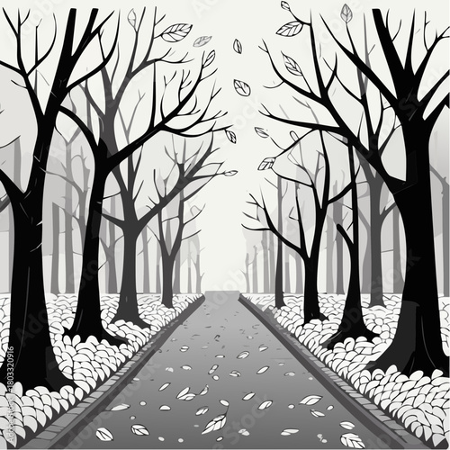 Monochromatic Alleyway with Bare Trees and Falling Leaves.
