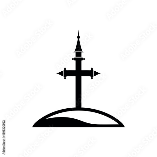 Ornate Christian Cross on a Hill Silhouette Icon.