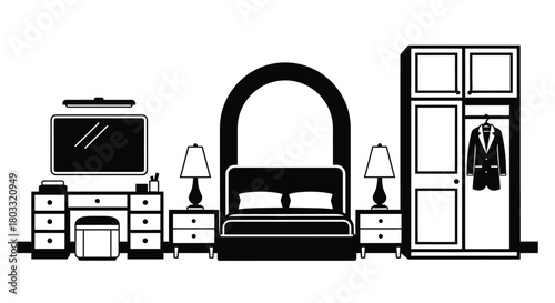 Modern bedroom interior design with bed, dresser, and wardrobe