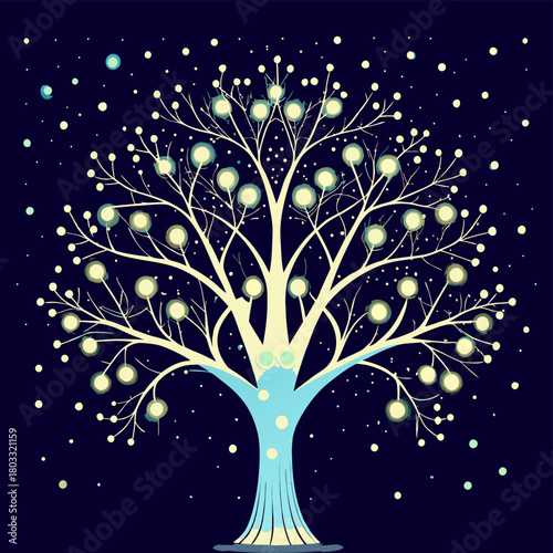 Wintery Tree with Glowing Light Spheres on Twigs Against Night Sky with Falling Snowflakes Minimalist Vector Art.