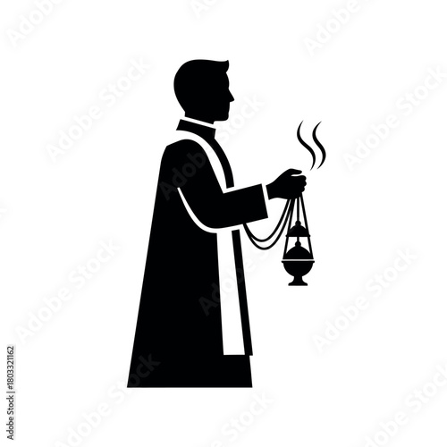 Silhouette of a priest holding a censer with smoke.