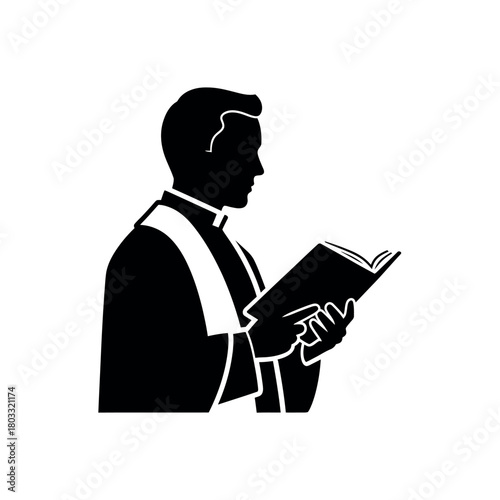 Silhouette of a priest reading from a book symbolizing religious service and spiritual guidance.