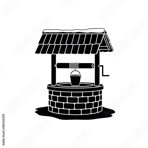 Winter Wishing Well with Bucket and Rope.