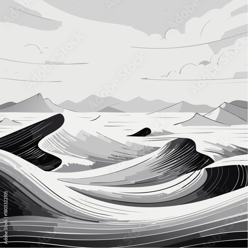 Monochrome Seascape with Rolling Waves and Mountains.