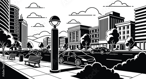 Cityscape illustration featuring bustling street with cars and buildings