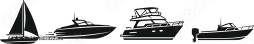 Collection of black silhouette watercraft including a sailboat motorboat and yacht