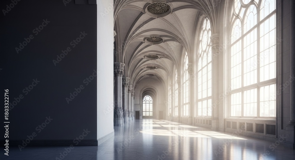 Fototapeta premium A grand, empty Gothic-style hallway with large windows and intricate arches, illuminated by natural light.