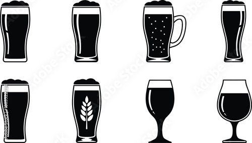 Collection of eight black beer glass icons on a white background beer mug pint glass