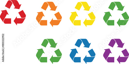 Collection of eight recycling symbols in various colors on a white background recycle