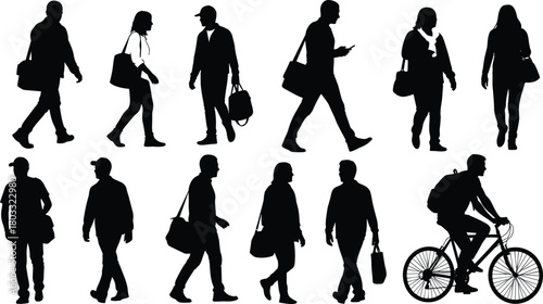Collection of black silhouettes of people walking and cycling on a white background