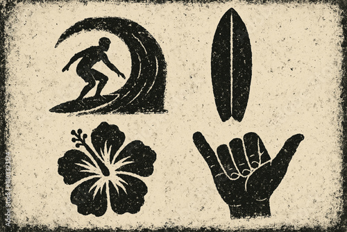 Four black icons on a beige background: surfboard, hibiscus, surfer and peace symbol.