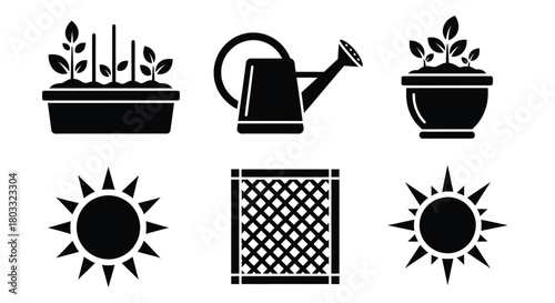 Gardening icons: plants, sun, watering can, and trellis for growth