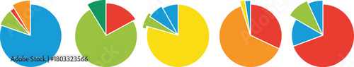 Five colorful pie charts with different segment sizes and colors on white background