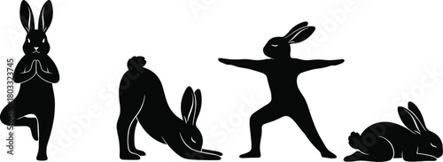 Four black silhouette rabbits in various yoga poses on white background bunny meditation