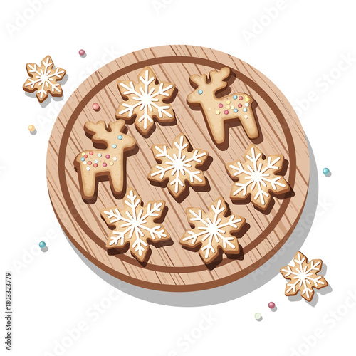 Overhead view of a wooden board with various Christmas-themed gingerbread cookies, decorated with icing.