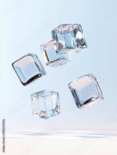 Five transparent ice cubes are suspended in mid-air, casting subtle reflections on a light-colored surface below.