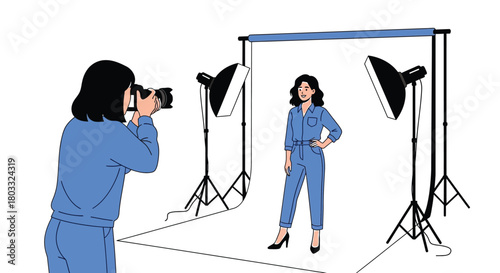 Professional photographer capturing stylish model during studio photoshoot session