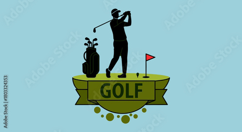 Golfer swinging club on green with bag and flag