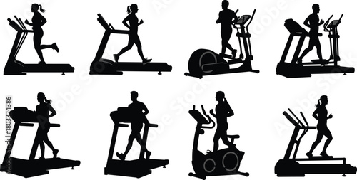 Silhouettes of men and women exercising on treadmills and elliptical machines fitness