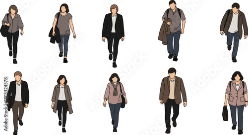 Ten diverse people walking in a line with bags and jackets vector
