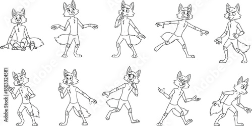 Ten cartoon fox character poses in black and white line art illustration