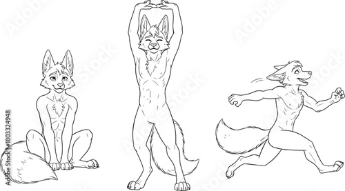 Three anthropomorphic fox characters in line art style one sitting one stretching one running