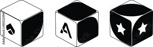 Three black and white isometric cubes with abstract symbols and shapes vector