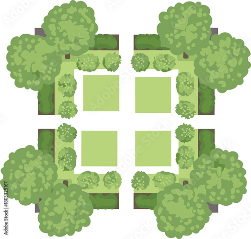 Top down view of a stylized garden layout with trees and bushes top view overhead