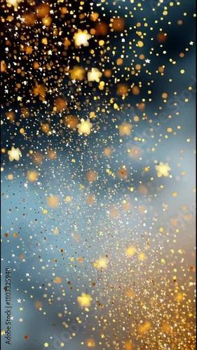 Magical abstract gold glitter rain background with shimmering light and particle sparkle. Dark bokeh canvas creating festive, celebratory design