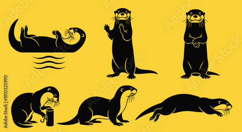 Playful otters in various poses, black silhouettes on white background