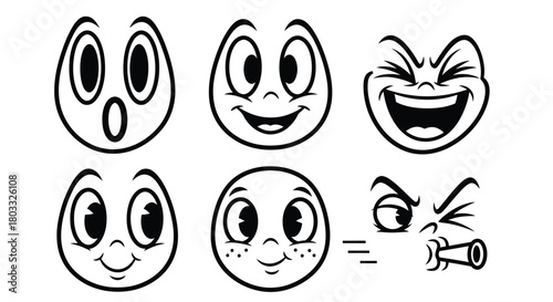 Expressive cartoon faces show emotions like surprise, joy, laughter, and anger
