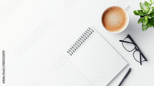 A clean and organized desk setup with a notebook, coffee, glasses, and pen, perfect for work or study.