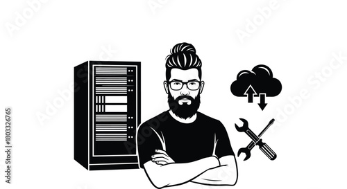 Confident IT professional managing server and cloud data with tools