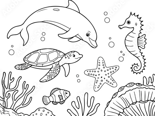 Vector a black and white outline drawing of various sea creatures including a dolphin and a turtle