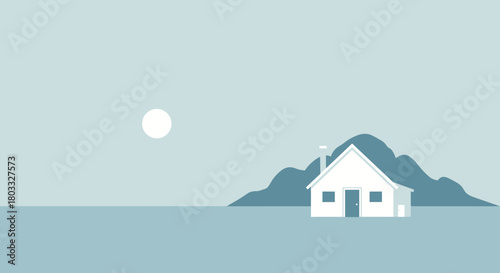 Serene Cottage by the Mountain A Peaceful Landscape in Calm Blues, Simple and Elegant