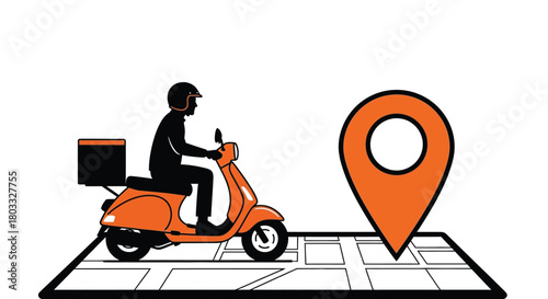 Delivery rider on scooter navigates map with location pin for fast service