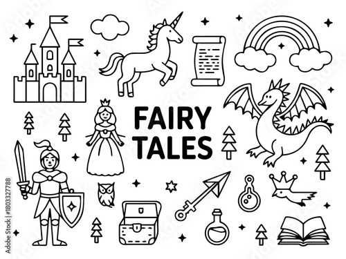 Vector illustration of fairy tale elements including a castle, dragon, unicorn, and knight drawn in line art