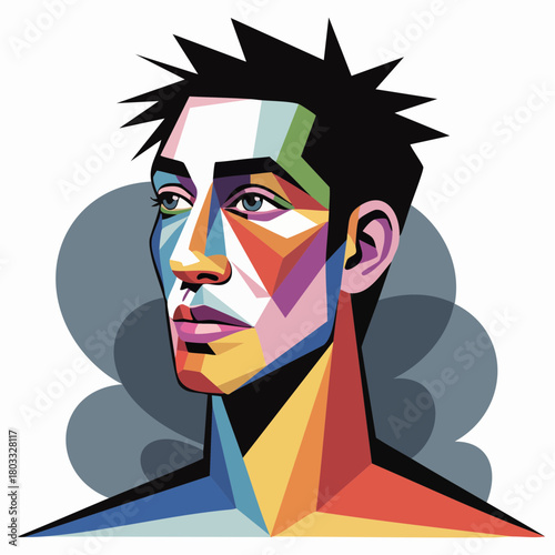 multicolor polygonal portrait angular geometric man spiky hair modern pop cubist head and shoulders